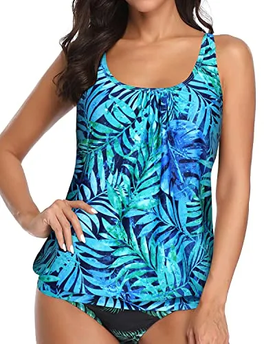 Soft Padded Scoop Neck Tankini Bathing Top For Women-Blue Leaves
