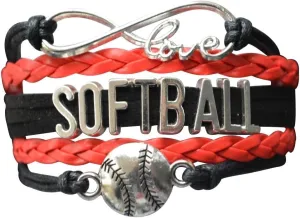 Softball Charm Bracelet (Black/Red) Bracelets, Adjustable Bracelet with Softball Charm. Braided Bracelets for Softball Players, Softball Team, and Coaches - by SPORTYBELLA