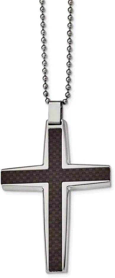 Solid Stainless Steel Men's Black Carbon Fiber Cross Inlay Engravable Pendant Necklace Charm Chain - with Secure Lobster Lock Clasp 22" (Width = 46mm)