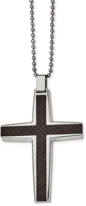 Solid Stainless Steel Men's Black Carbon Fiber Cross Inlay Engravable Pendant Necklace Charm Chain - with Secure Lobster Lock Clasp 22" (Width = 46mm)