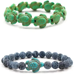 Soyzvteo 2Pcs Sea Turtles Beads Bracelet Elastic Natural Stone Stretch Bracelet Turquoise Turtle Bracelets Friendship Gifts for Women Men Girls