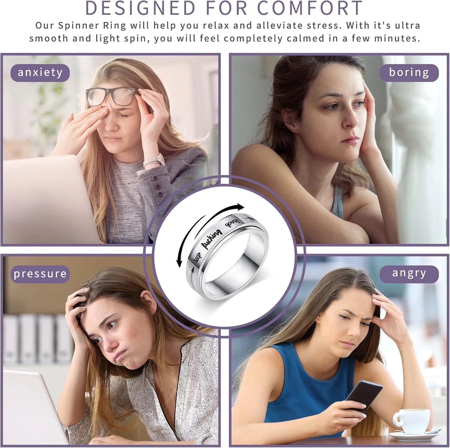Spinner Ring for Women Men Stainless Steel Anxiety Fidget Rings for Anxiety Relieving Stress Rings I am Enough Inspirational Promise Rings Size 5-10