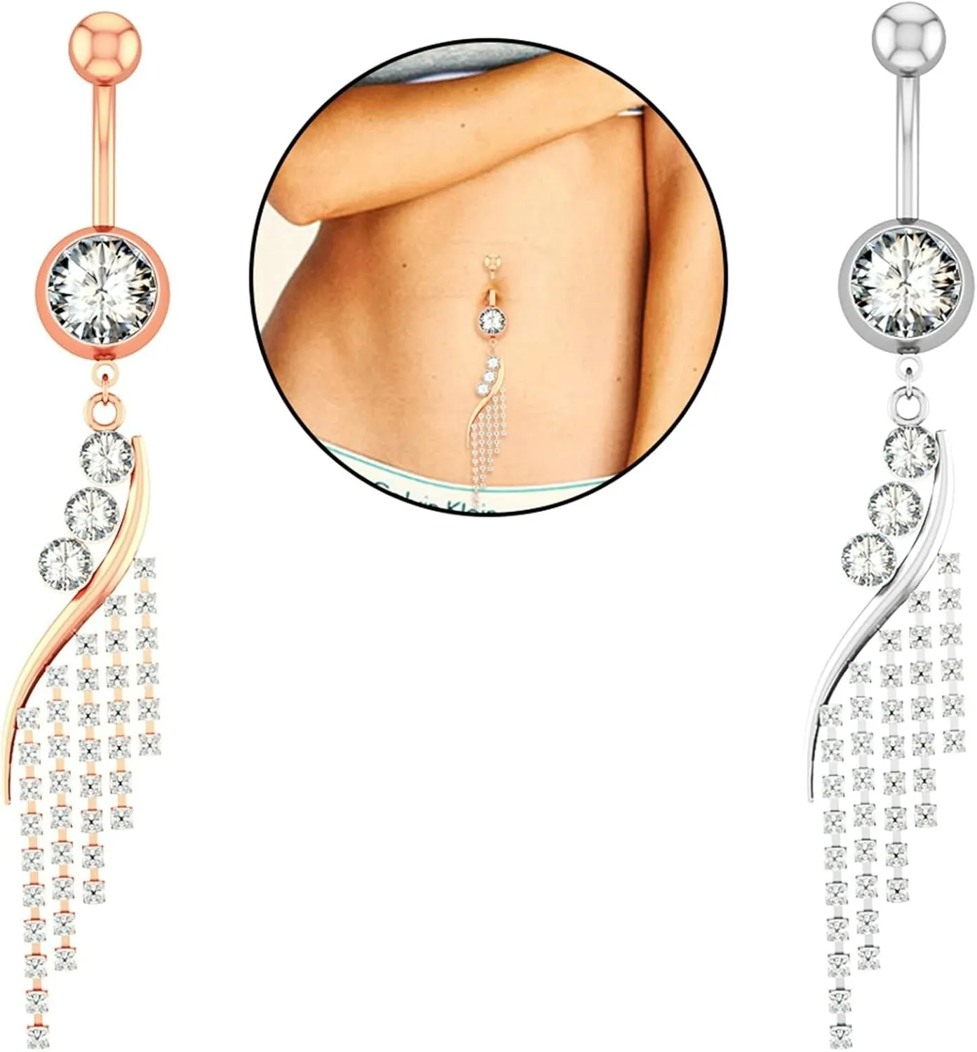 Stainless Steel Belly Button Rings for Women, 2pcs Best Friend Navel Rings Cubic Zirconia Long 14G Belly Button Rings Simple