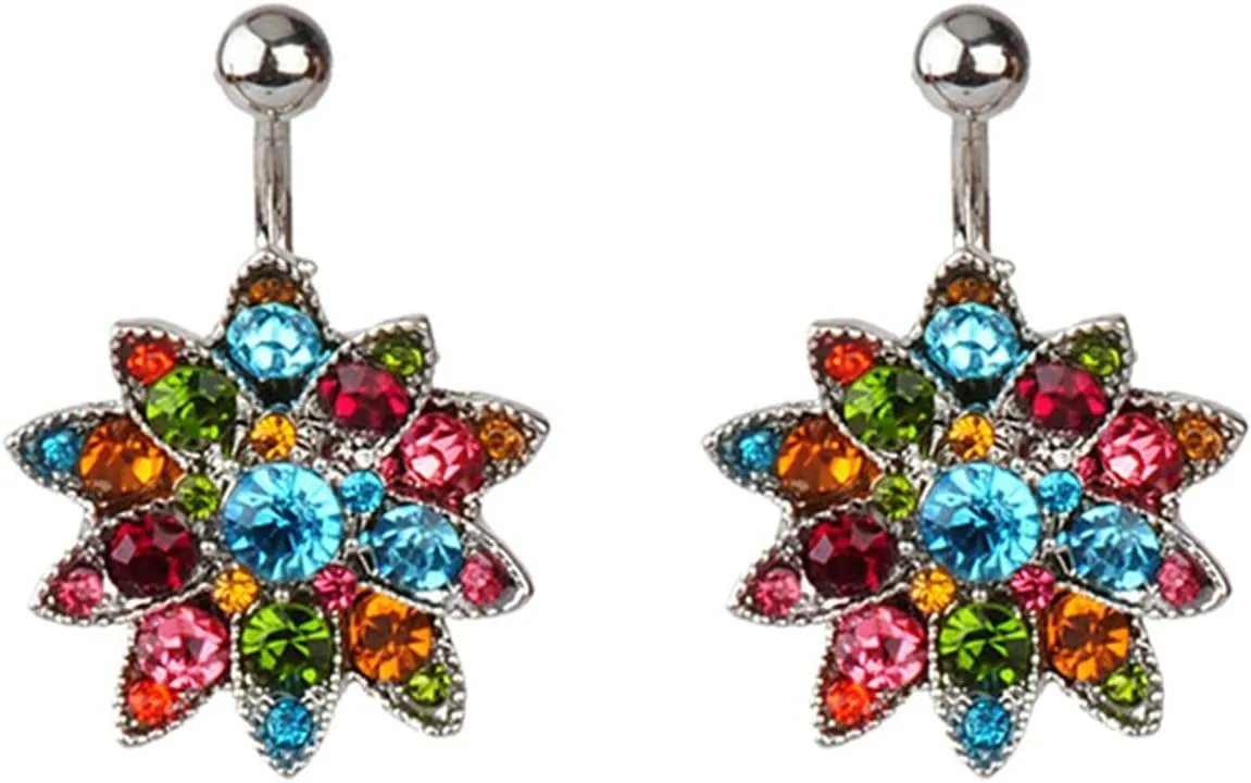 Stainless Steel Navel Rings for Women, CZ Navel Hoop Rings for Women Flower Shaped Multicolor Belly Rings