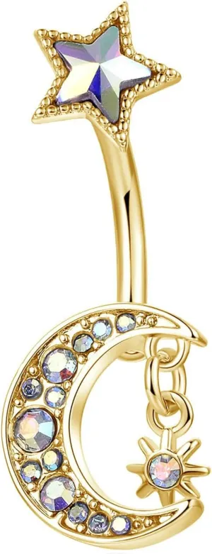 Stainless Steel Navel Rings for Women, CZ Navel Rings for Women Hoop Moon Star Gold Belly Rings