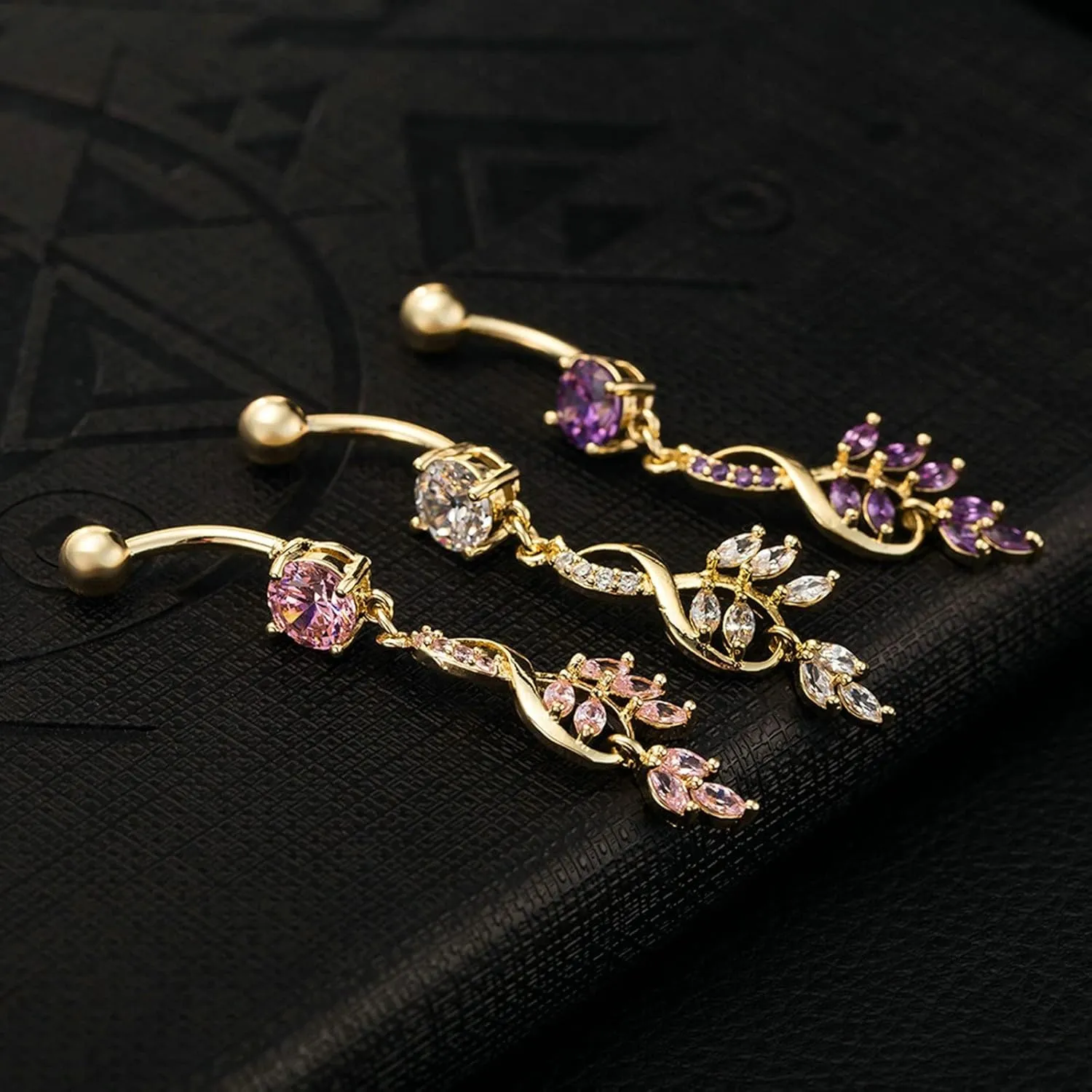 Stainless Steel Surgical Belly Rings 14G Dangle Navel Rings,Leaf Dangle with Cubic Zirconia White Navel Rings for Women
