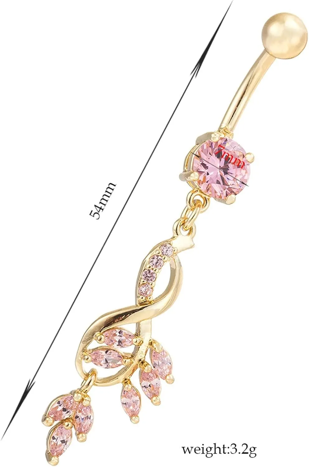 Stainless Steel Surgical Belly Rings 14G Dangle Navel Rings,Leaf Dangle with Cubic Zirconia White Navel Rings for Women