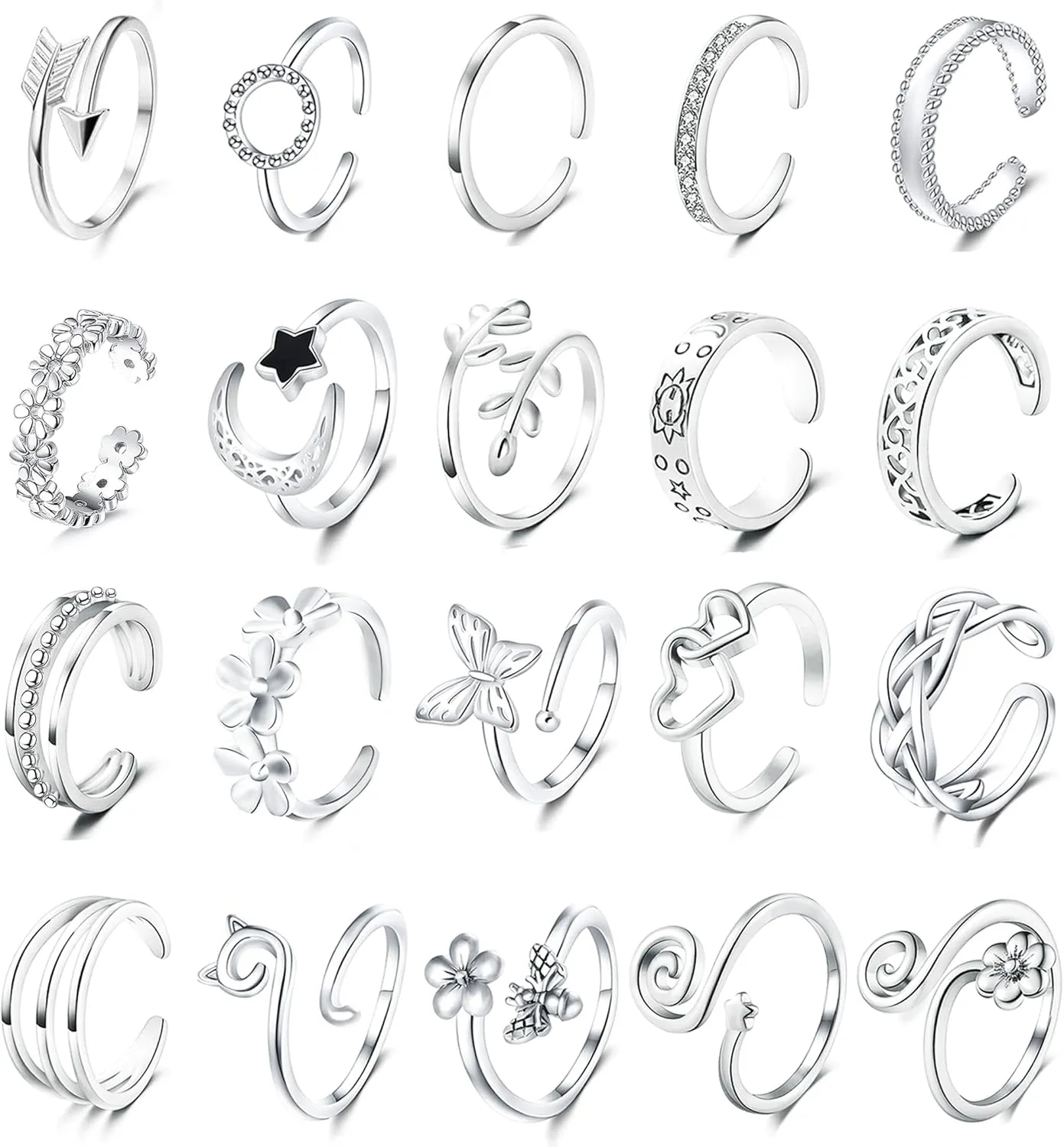 Staligue 20pcs Adjustable Toe Rings Set for Women Fingers Joint Tail Summer Beach Arrow Flower Open Rings Foot Jewelry