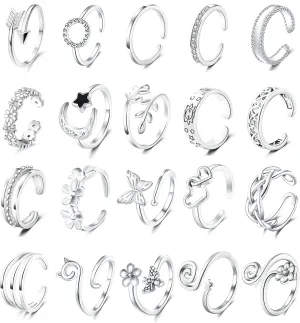 Staligue 20pcs Adjustable Toe Rings Set for Women Fingers Joint Tail Summer Beach Arrow Flower Open Rings Foot Jewelry