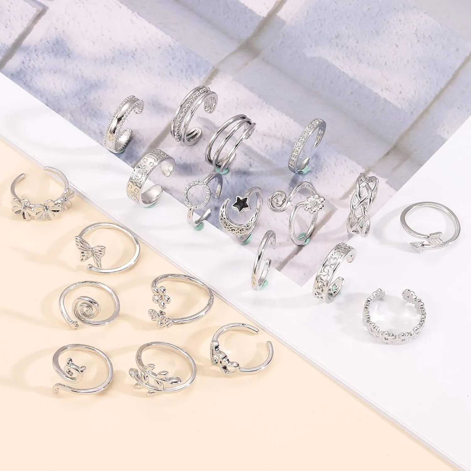 Staligue 20pcs Adjustable Toe Rings Set for Women Fingers Joint Tail Summer Beach Arrow Flower Open Rings Foot Jewelry