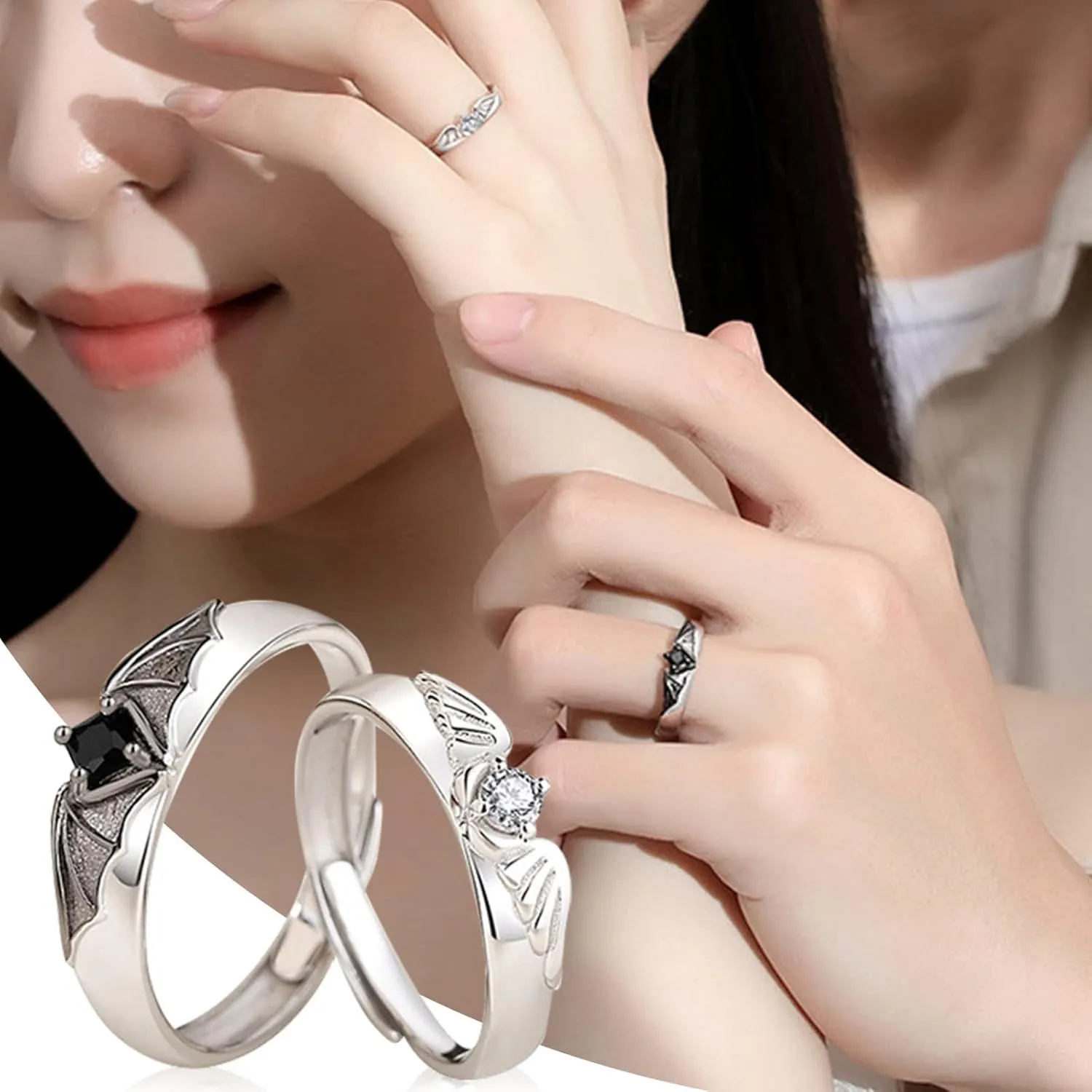 Star Rings Angel Matching Promise Rings for Couples Best Friend Cute Love Jewelry Gift for Him Her Women Men Boyfriend Girlfriend Size Adjustable (C, A)