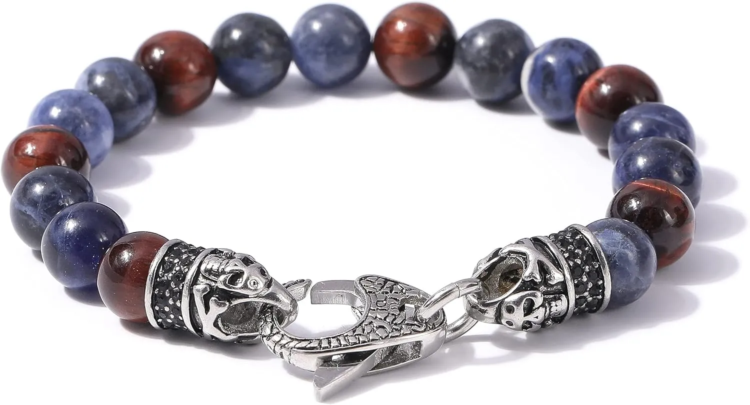 Starmond Mens Beaded Bracelets Gifts: 10mm Tiger Eye Mens Bracelet Black Mens Bracelets Beads with Lava Rock Stone and Stainless Steel Clasps as Mens Jewelry Gift of Anxiety Bracelets and Stress