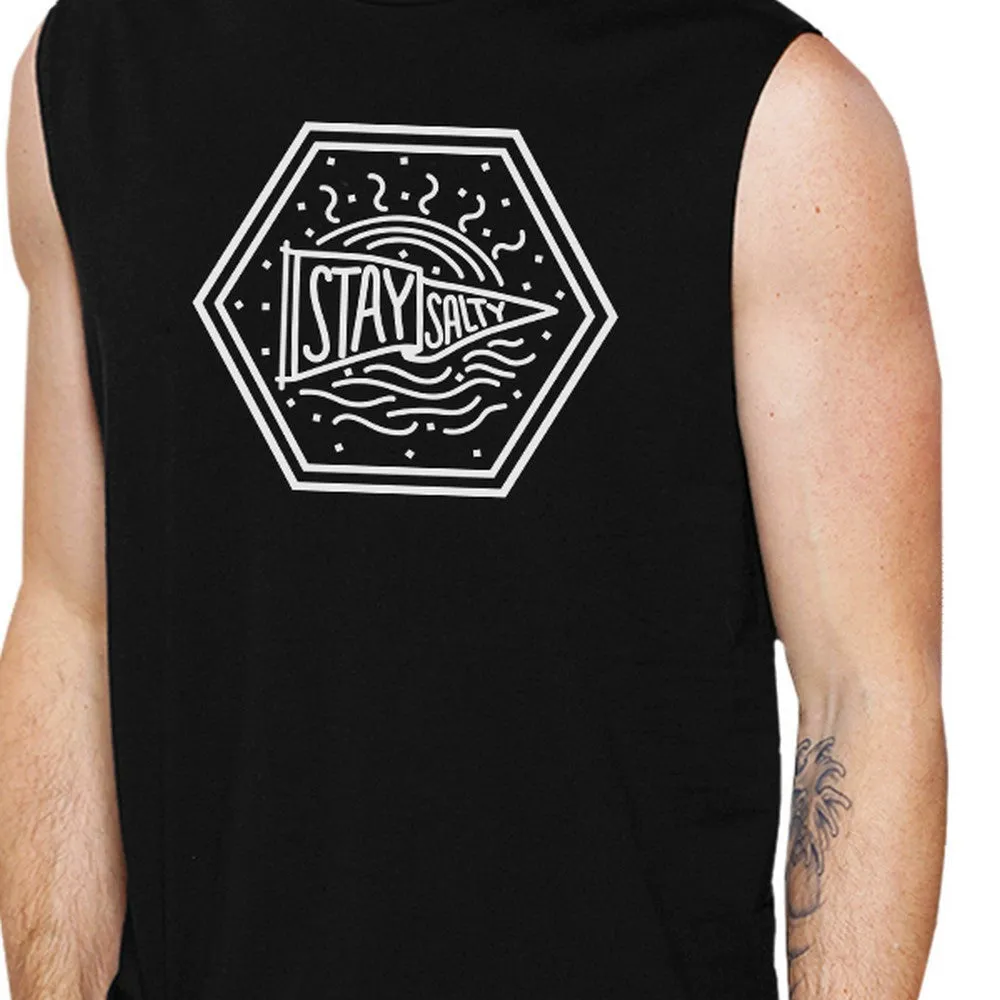 Stay Salty Mens Black Graphic Muscle Top Crewneck Line Graphic Tank