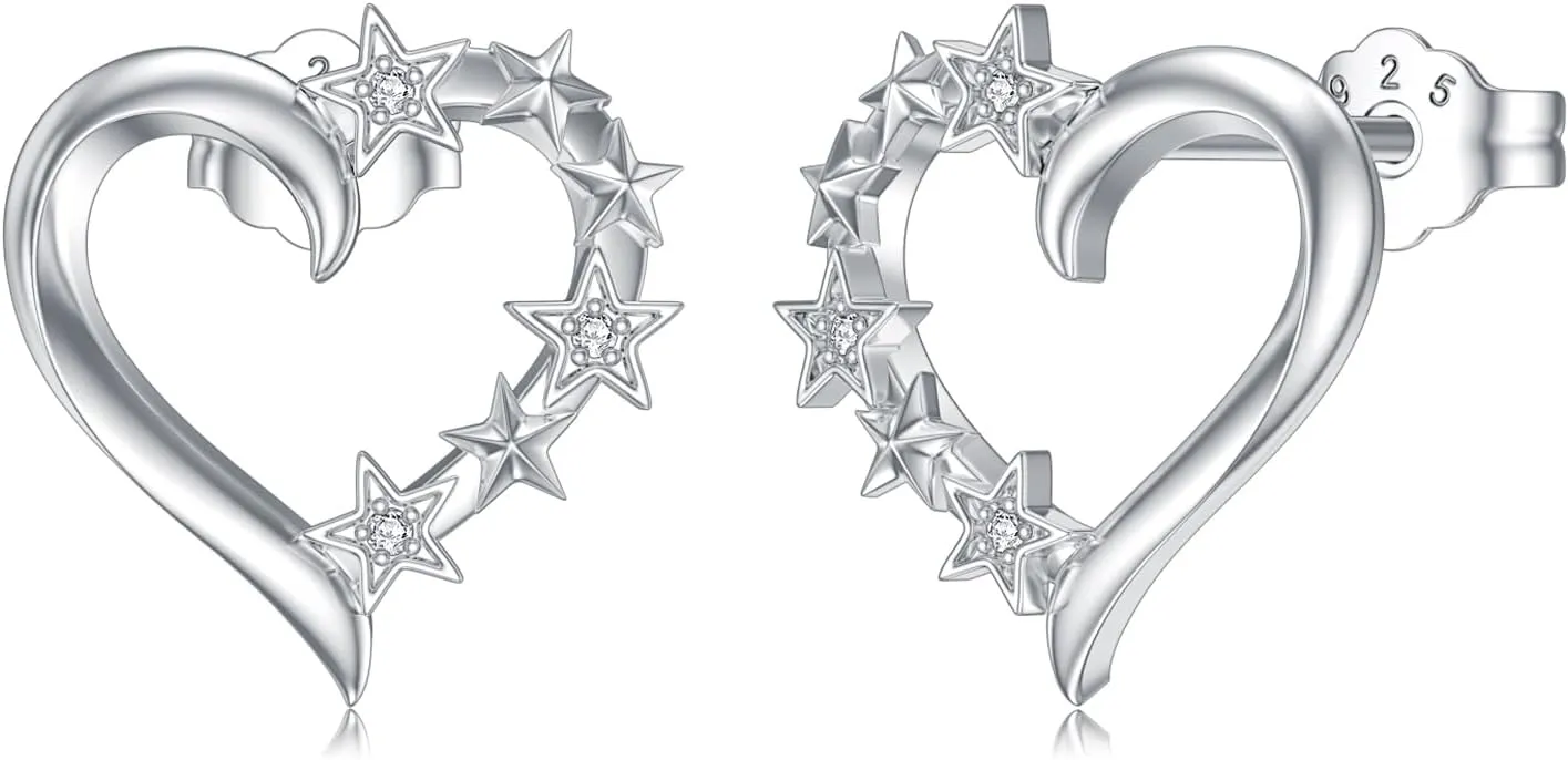 Sterling Silver Heart Stud Earrings Diamond Heart Earrings for Women 925 Silver Heart Star Stud Earring