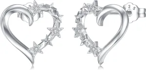 Sterling Silver Heart Stud Earrings Diamond Heart Earrings for Women 925 Silver Heart Star Stud Earring
