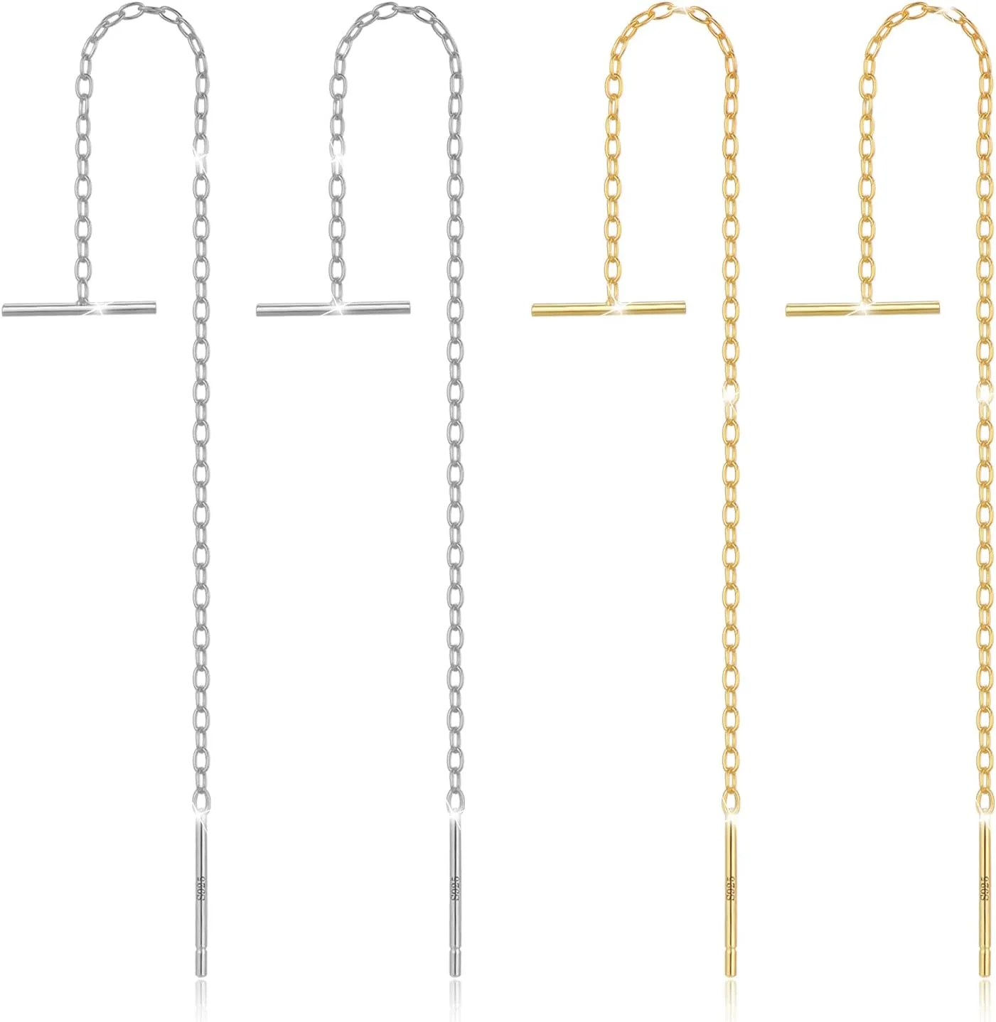 Sterling Silver Threader Chain Earrings Dangle Gold Plated,Hypoallergenic and Lightweight Dainty Earrings 2 Pairs