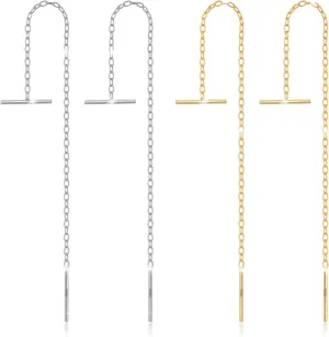 Sterling Silver Threader Chain Earrings Dangle Gold Plated,Hypoallergenic and Lightweight Dainty Earrings 2 Pairs