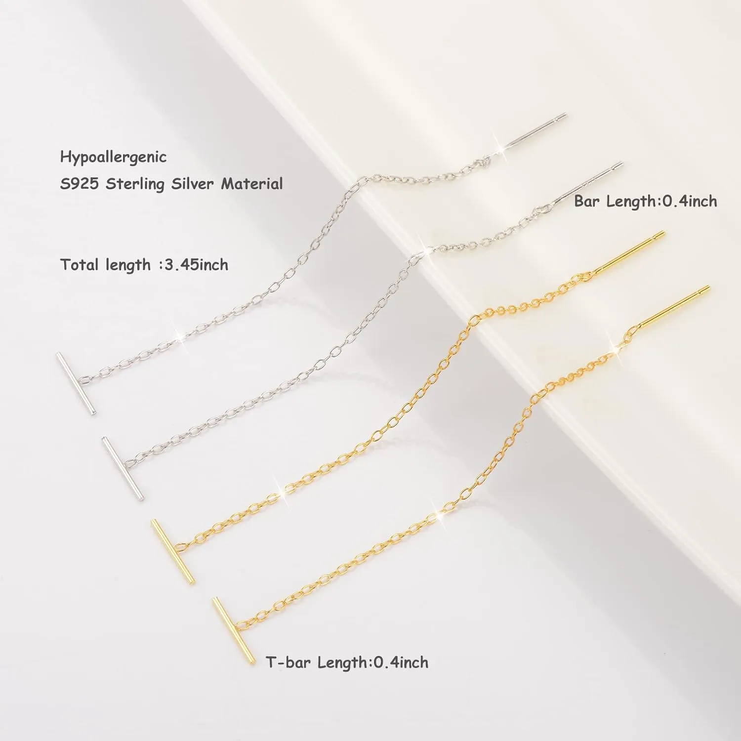 Sterling Silver Threader Chain Earrings Dangle Gold Plated,Hypoallergenic and Lightweight Dainty Earrings 2 Pairs