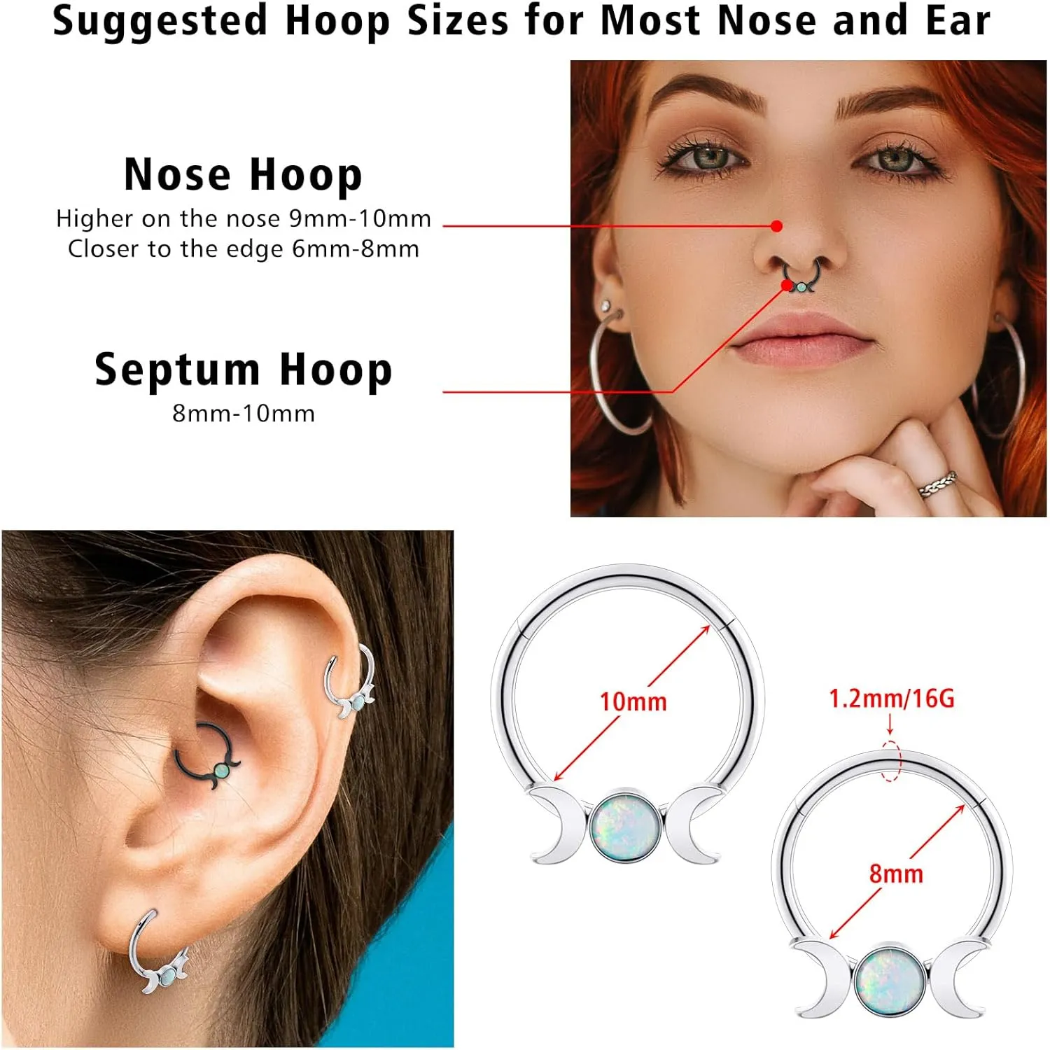Stuppendux 2PC 16G 1.2MM Black White Mixed Septum Clicker Ring Nose Ring Hoop Sleeper Hoop Earring Helix Rook Cartilage Daith Tragus Earrings Nose Piercing Jewelry for Women Men Diameter 8MM 10MM