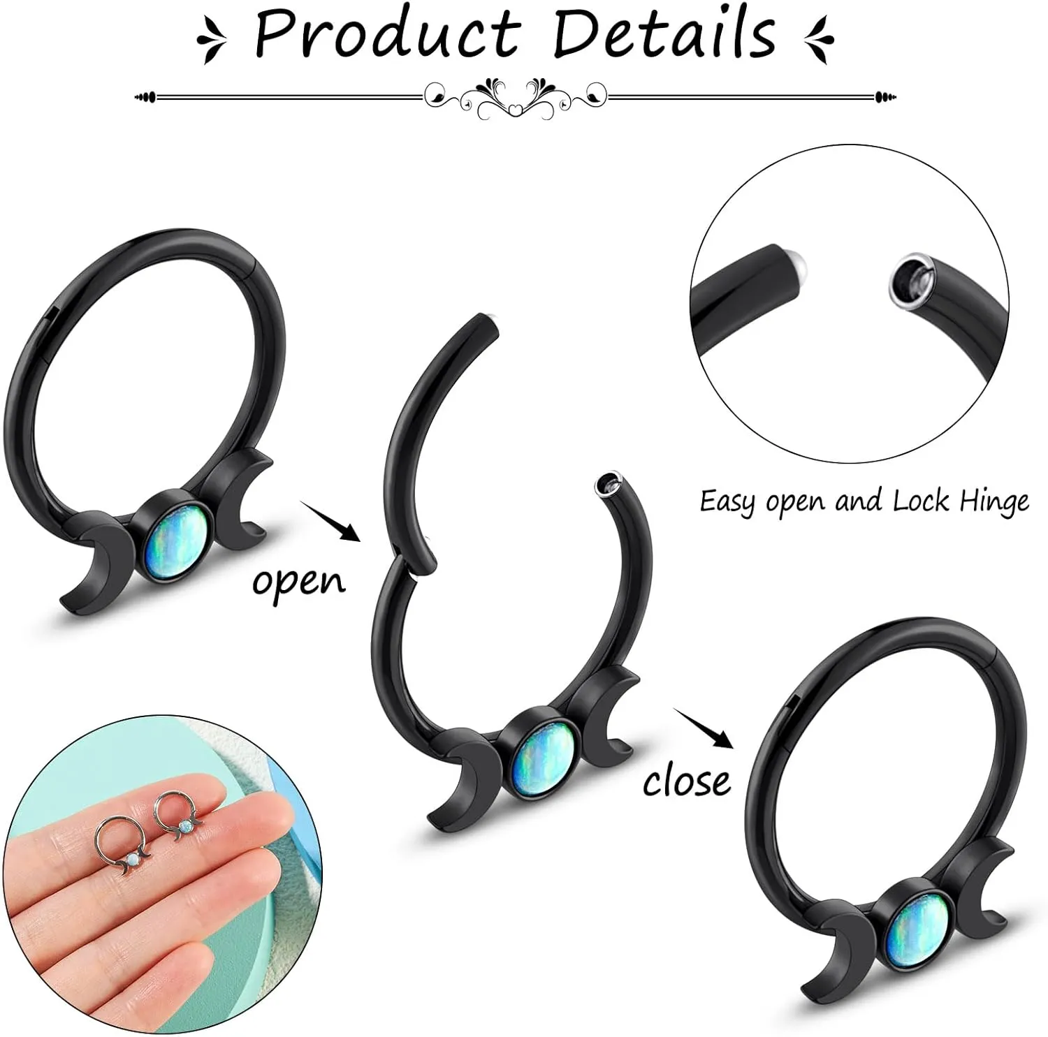 Stuppendux 2PC 16G 1.2MM Black White Mixed Septum Clicker Ring Nose Ring Hoop Sleeper Hoop Earring Helix Rook Cartilage Daith Tragus Earrings Nose Piercing Jewelry for Women Men Diameter 8MM 10MM