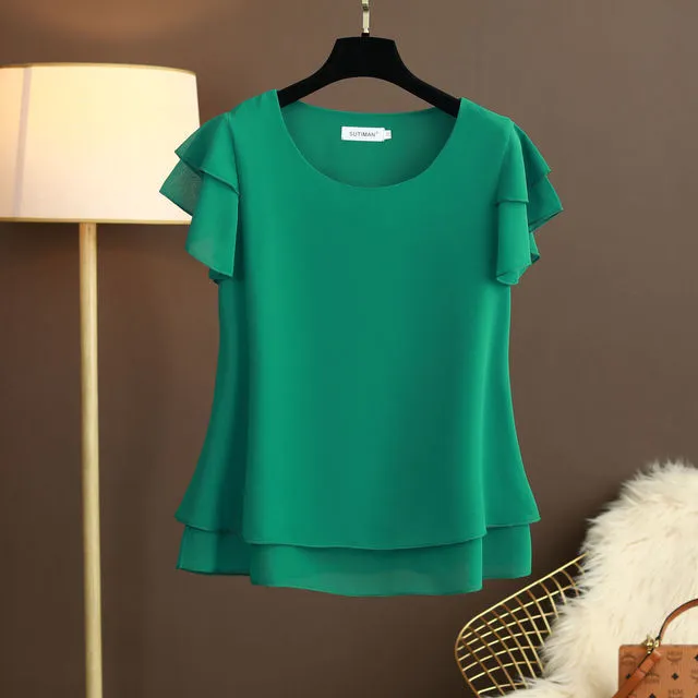 Stylish Spring/Summer Loose O-neck Chiffon Shirt for Women – Short Sleeve, Plus Size, Blush Fashion Top 2025