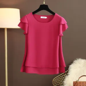 Stylish Spring/Summer Loose O-neck Chiffon Shirt for Women – Short Sleeve, Plus Size, Blush Fashion Top 2025