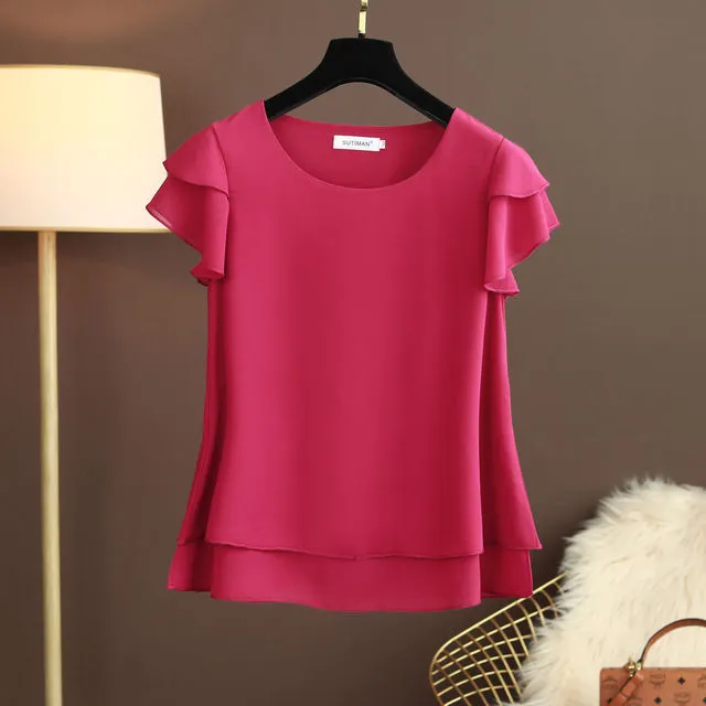 Stylish Spring/Summer Loose O-neck Chiffon Shirt for Women – Short Sleeve, Plus Size, Blush Fashion Top 2025