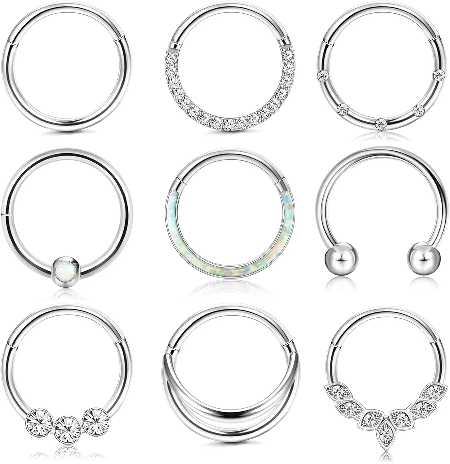 Subiceto 9Pcs 18G 16G Septum Rings for Women Surgical Steel Hinged Nose Rings Opal Cz Clicker Hinged Nose Hoops Rings Conch Helix Lip Nose Daith Cartilage Hoop Earrings Piercings 8mm 10mm