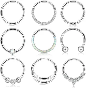 Subiceto 9Pcs 18G 16G Septum Rings for Women Surgical Steel Hinged Nose Rings Opal Cz Clicker Hinged Nose Hoops Rings Conch Helix Lip Nose Daith Cartilage Hoop Earrings Piercings 8mm 10mm