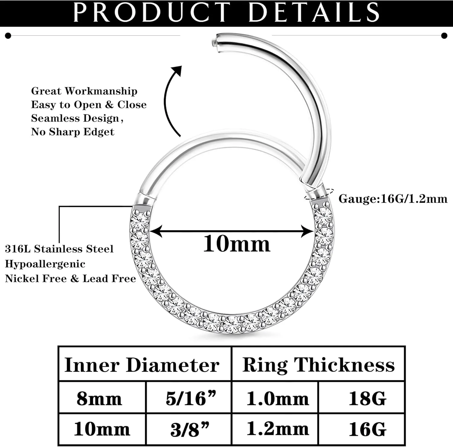 Subiceto 9Pcs 18G 16G Septum Rings for Women Surgical Steel Hinged Nose Rings Opal Cz Clicker Hinged Nose Hoops Rings Conch Helix Lip Nose Daith Cartilage Hoop Earrings Piercings 8mm 10mm