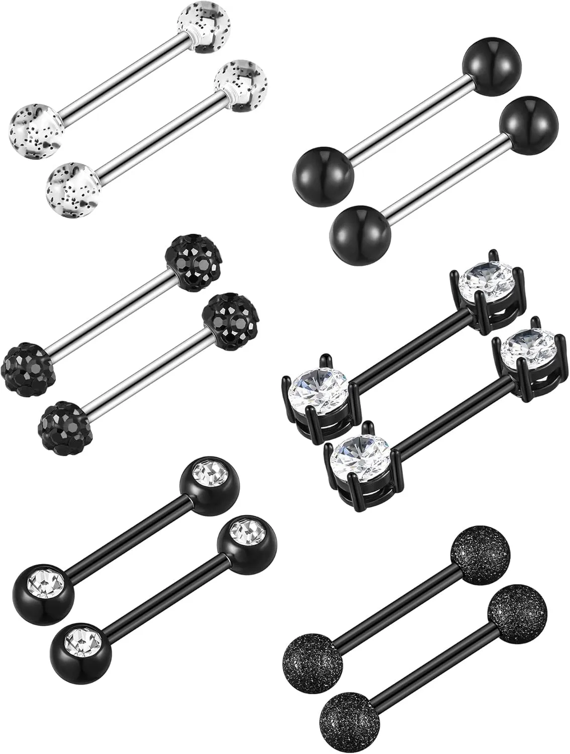 Sumind 6 Pairs Nipple Bars Surgical Stainless Steel Piercing Titanium Barbell Ring Tongue Ring Cubic Zirconia Nipple Rings Body Piercing Jewelry, 14 Gauge (Black), Sumind-Tongue Ring-01