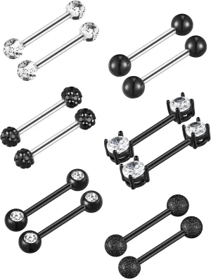 Sumind 6 Pairs Nipple Bars Surgical Stainless Steel Piercing Titanium Barbell Ring Tongue Ring Cubic Zirconia Nipple Rings Body Piercing Jewelry, 14 Gauge (Black), Sumind-Tongue Ring-01