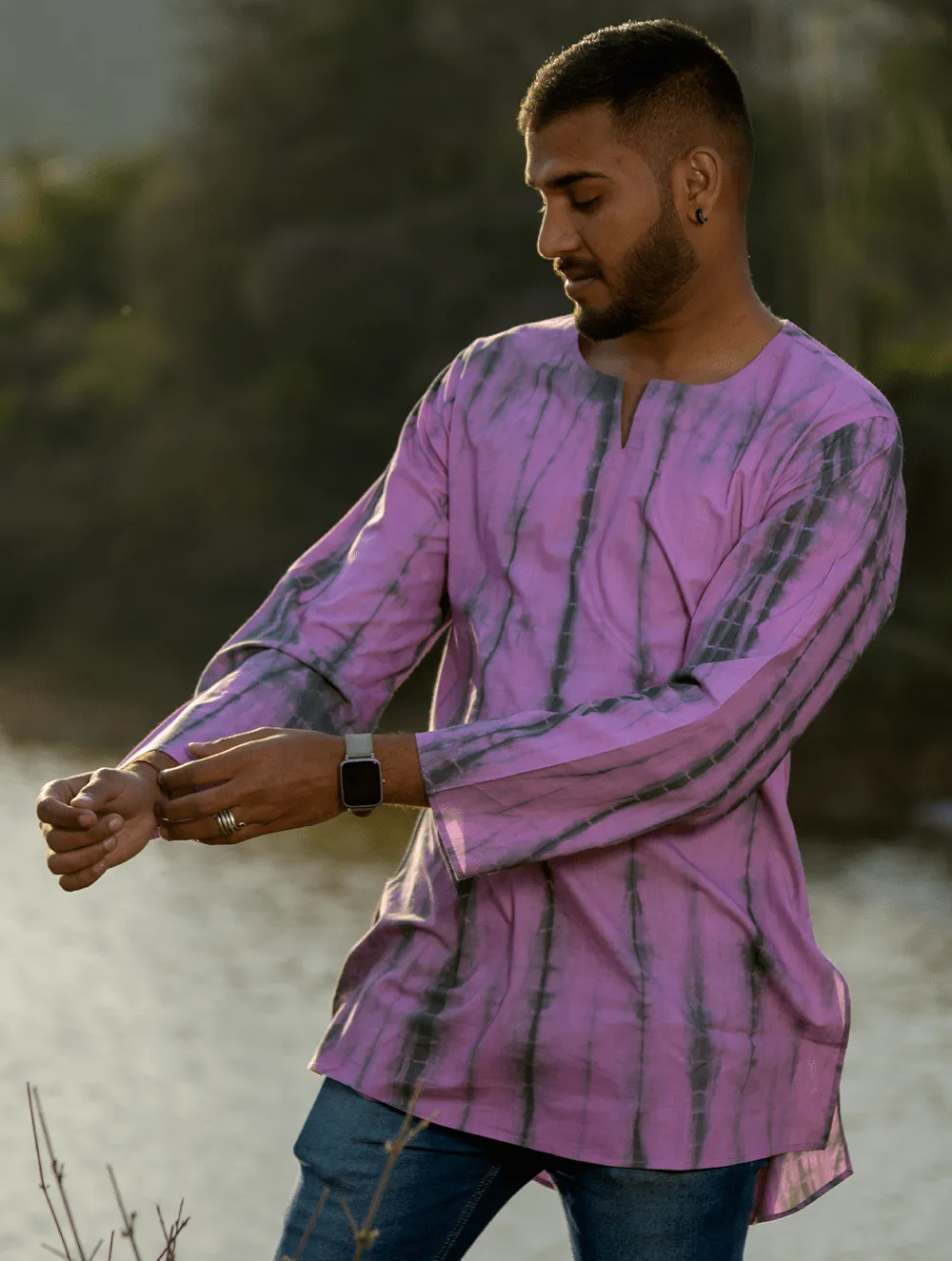 Summer Breeze - Tie & Dye Cotton Kurta / Shirt - Pale Pink & Grey