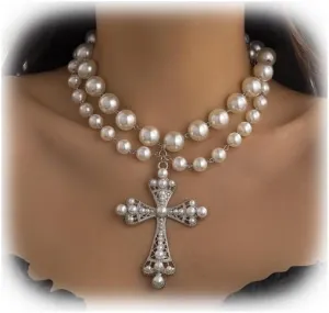 Summer Multi Layered Beaded Necklace Pearl Clavicle Chain Necklace Rhinestone Pearl Cross Pendant Chest Chain Necklace Wedding Pearl Collar Necklace Jewelry for Women