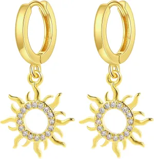 Sun Earrings Gold Dangle Huggie Hoop Earrings with Sun Charm for Women 14k Real Gold Plated Hypoallergenic Statement Hinged Hoop Earrings with CZ Drop, Trendy Dainty Nap Earrings
