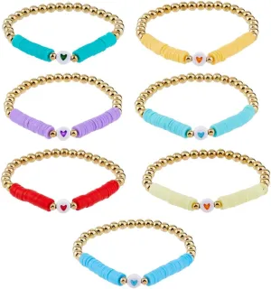 SUPERFINDINGS 7 Pieces Gold Beaded Bracelet Colorful Polymer Clay Disc Beaded Bracelet Y2K Heart Love Charms Bracelets Dainty Friendship Bracelets Birthday Gifts for Woman Friends