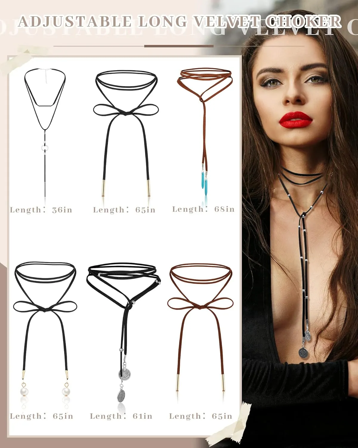 Sureio 6 Pcs Women Boho Necklace Western Black Leather Velvet Long Choker Turquoise Necklace Cowgirl Jewelry with Bag