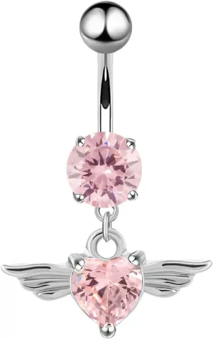 Surgical Steel Belly Rings for Women, Wing Belly Rings Valentines Day Cubic Zirconia 14G Heart Belly Button Rings