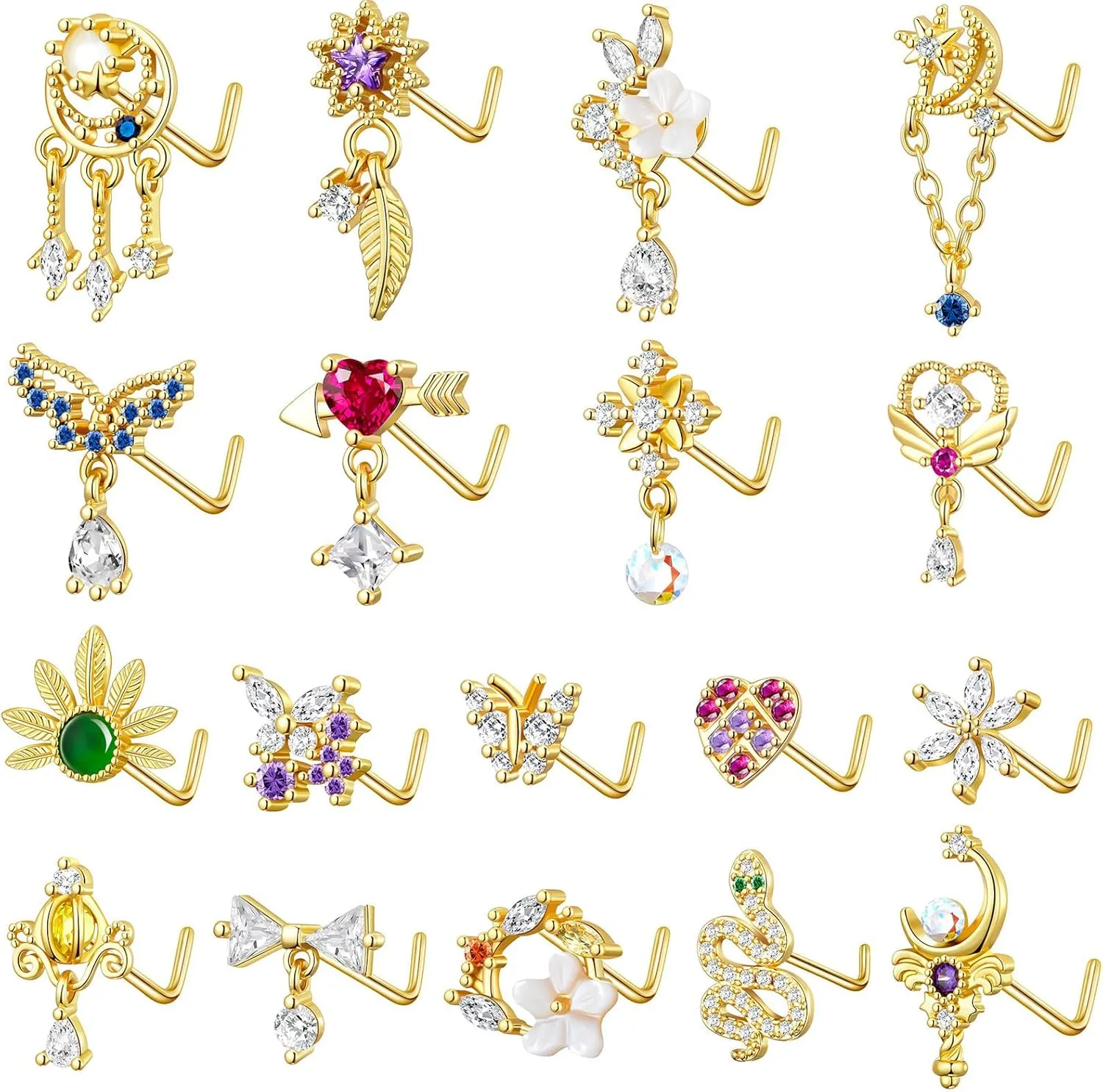TAMHOO 18Pcs Nose Rings - L Shape, Butterfly & Heart Designs - Gold Nose Studs for Women