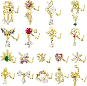 TAMHOO 18Pcs Nose Rings - L Shape, Butterfly & Heart Designs - Gold Nose Studs for Women