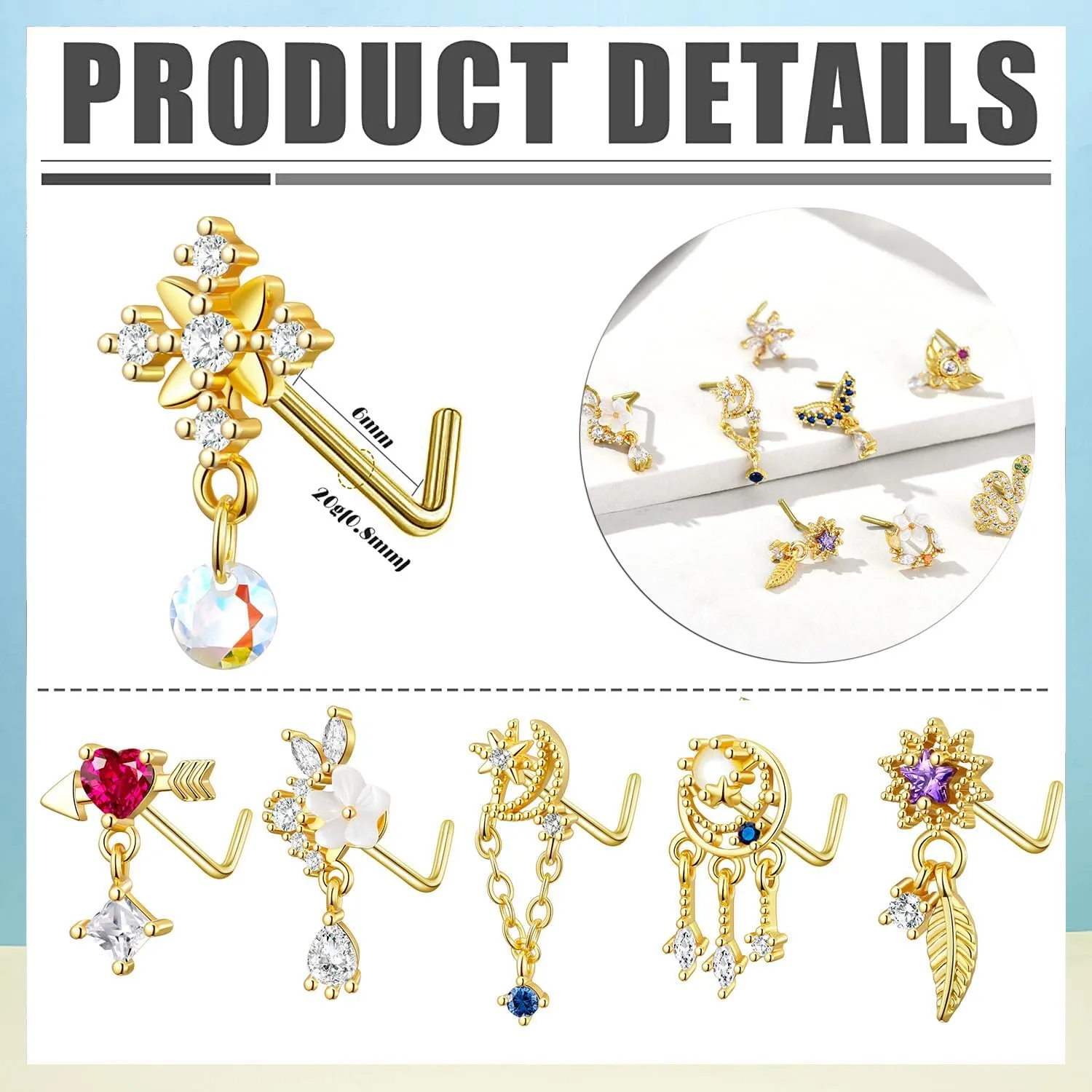 TAMHOO 18Pcs Nose Rings - L Shape, Butterfly & Heart Designs - Gold Nose Studs for Women