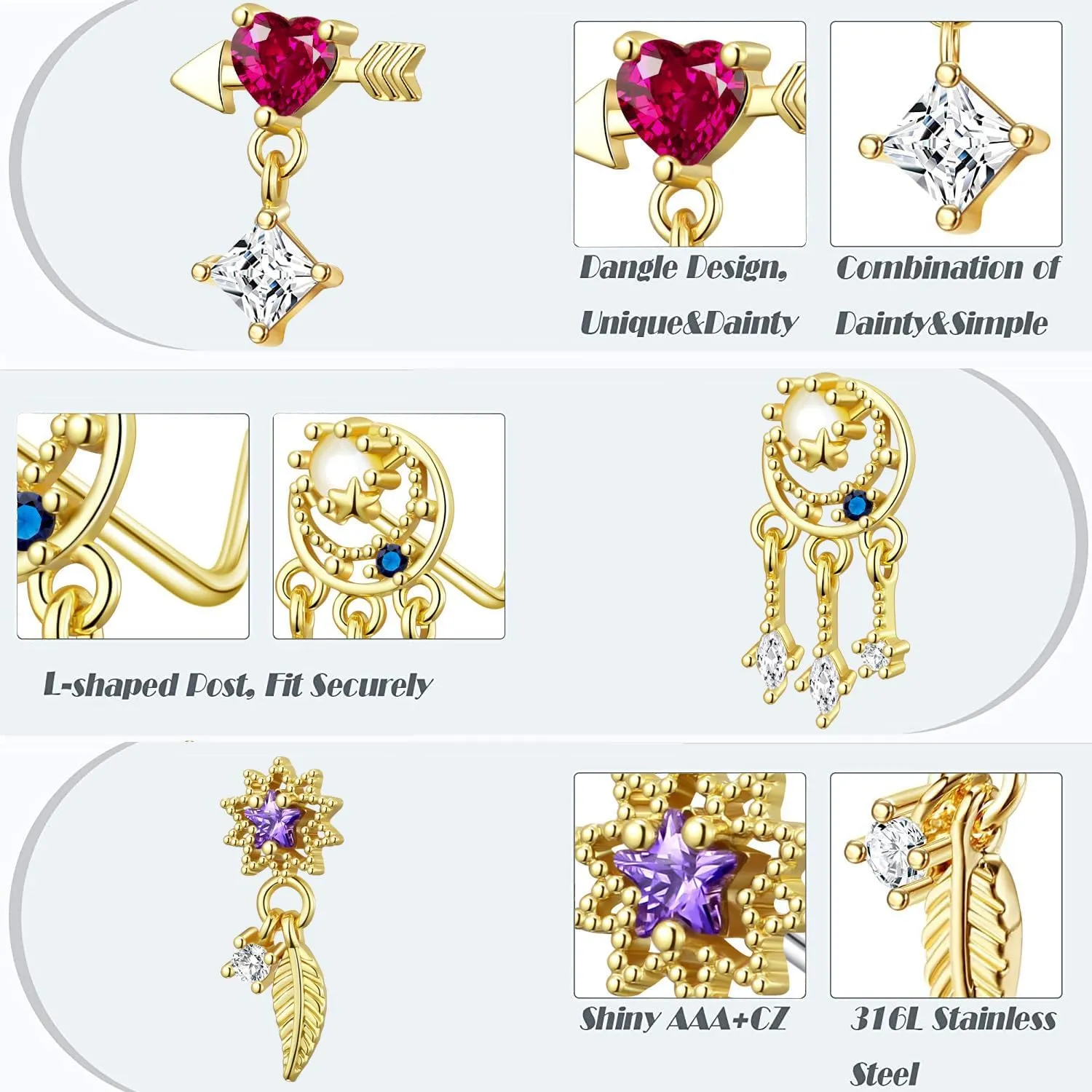 TAMHOO 18Pcs Nose Rings - L Shape, Butterfly & Heart Designs - Gold Nose Studs for Women
