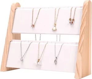 TANG SONG 1 PCS 34 Grids Double-Deck Wood Leather Soft Mat Multiple Necklace Display Stand Necklace Chains Organizer Holder for Home (White)