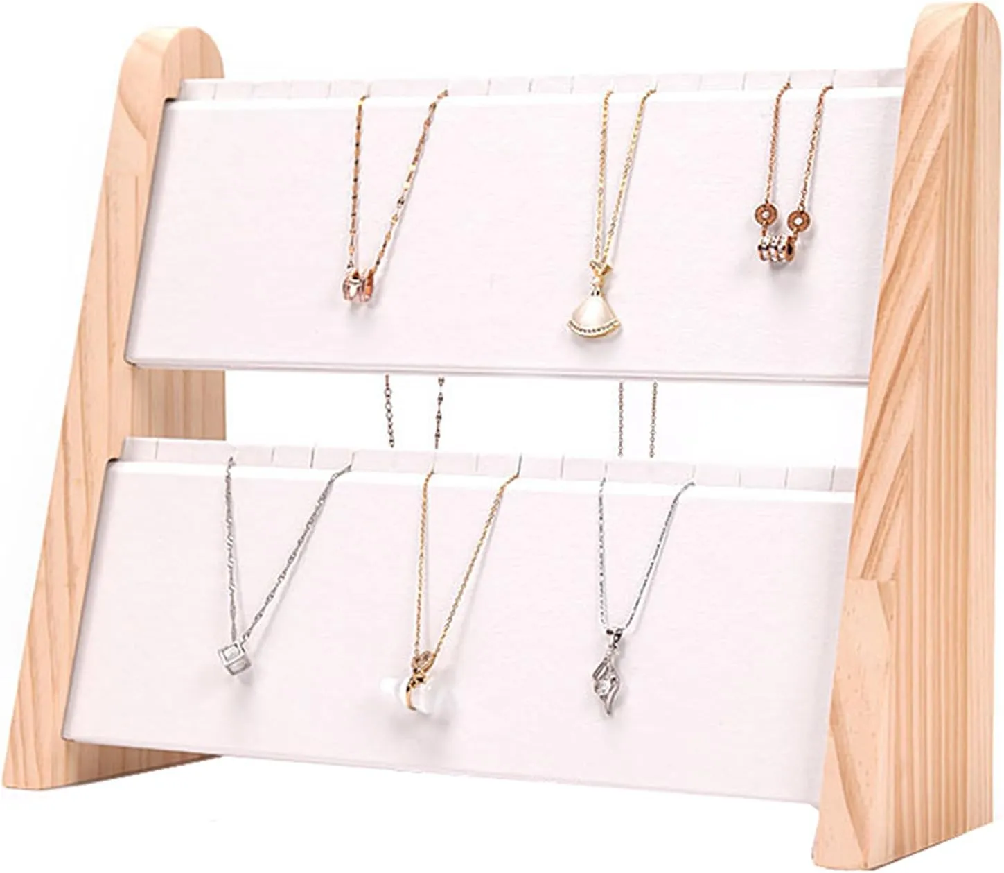 TANG SONG 1 PCS 34 Grids Double-Deck Wood Leather Soft Mat Multiple Necklace Display Stand Necklace Chains Organizer Holder for Home (White)
