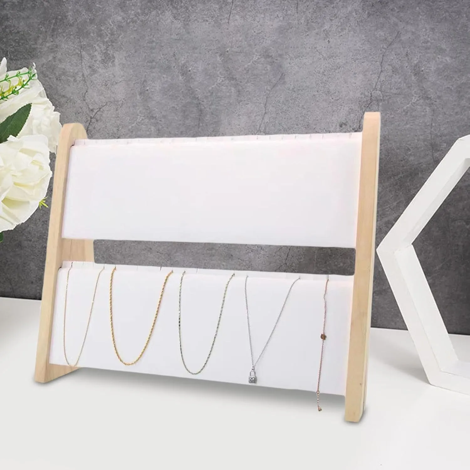 TANG SONG 1 PCS 34 Grids Double-Deck Wood Leather Soft Mat Multiple Necklace Display Stand Necklace Chains Organizer Holder for Home (White)
