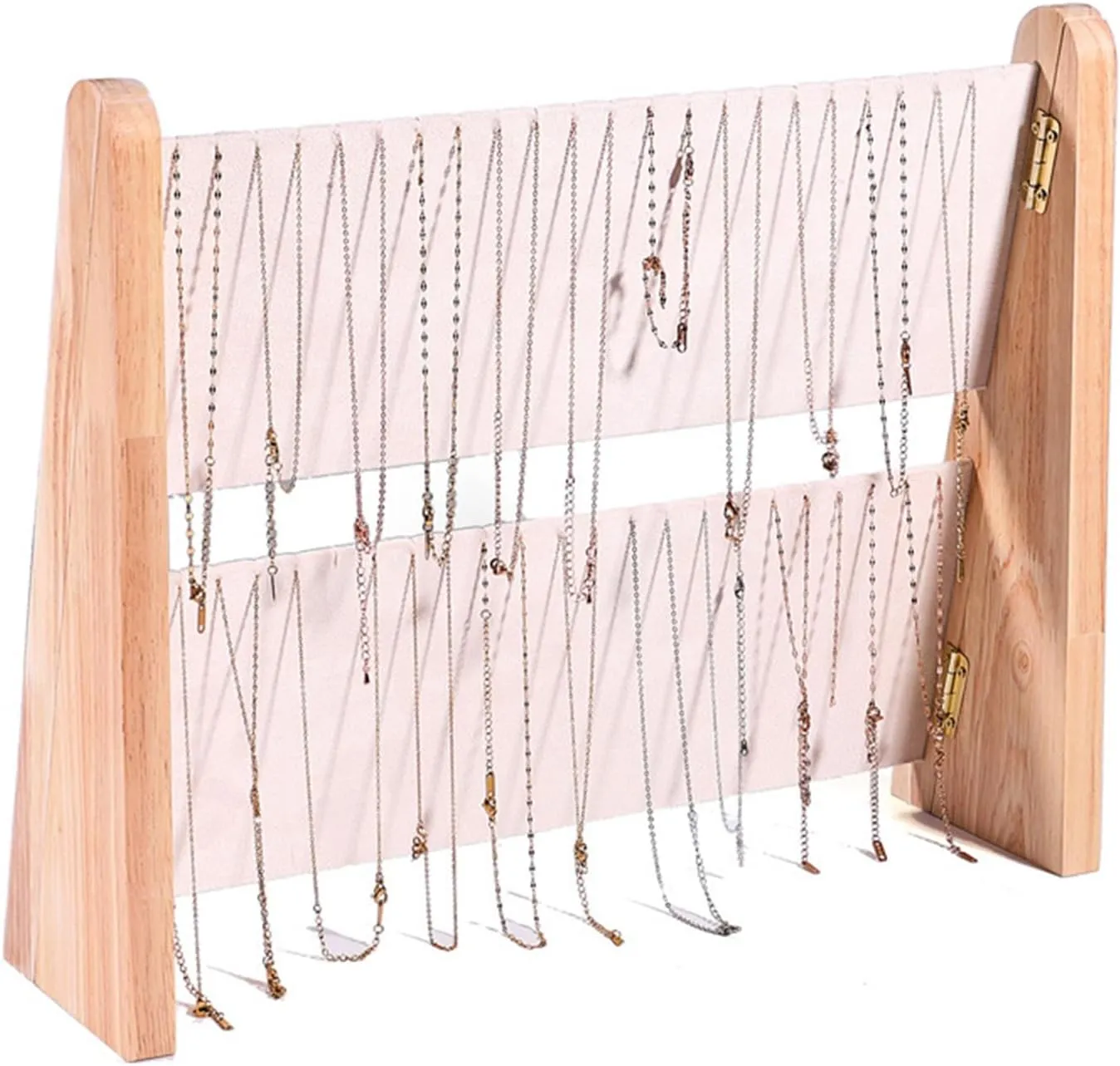 TANG SONG 1 PCS 34 Grids Double-Deck Wood Leather Soft Mat Multiple Necklace Display Stand Necklace Chains Organizer Holder for Home (White)