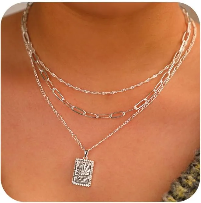 Tasiso Layered Gold Necklaces for Women, Stackable 14K Gold/Silver Plated Chain Necklace Layering Necklace Set Fashion Pendant Choker Necklaces Trendy Jewelry Set Gifts for Women Teen Girls