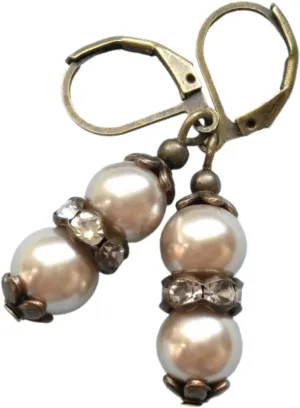 Taupe Glass Pearl Crystal Bronze Jewelry Earrings Artisan Handmade Hippie Leverback Vintage Design Crafted For Women