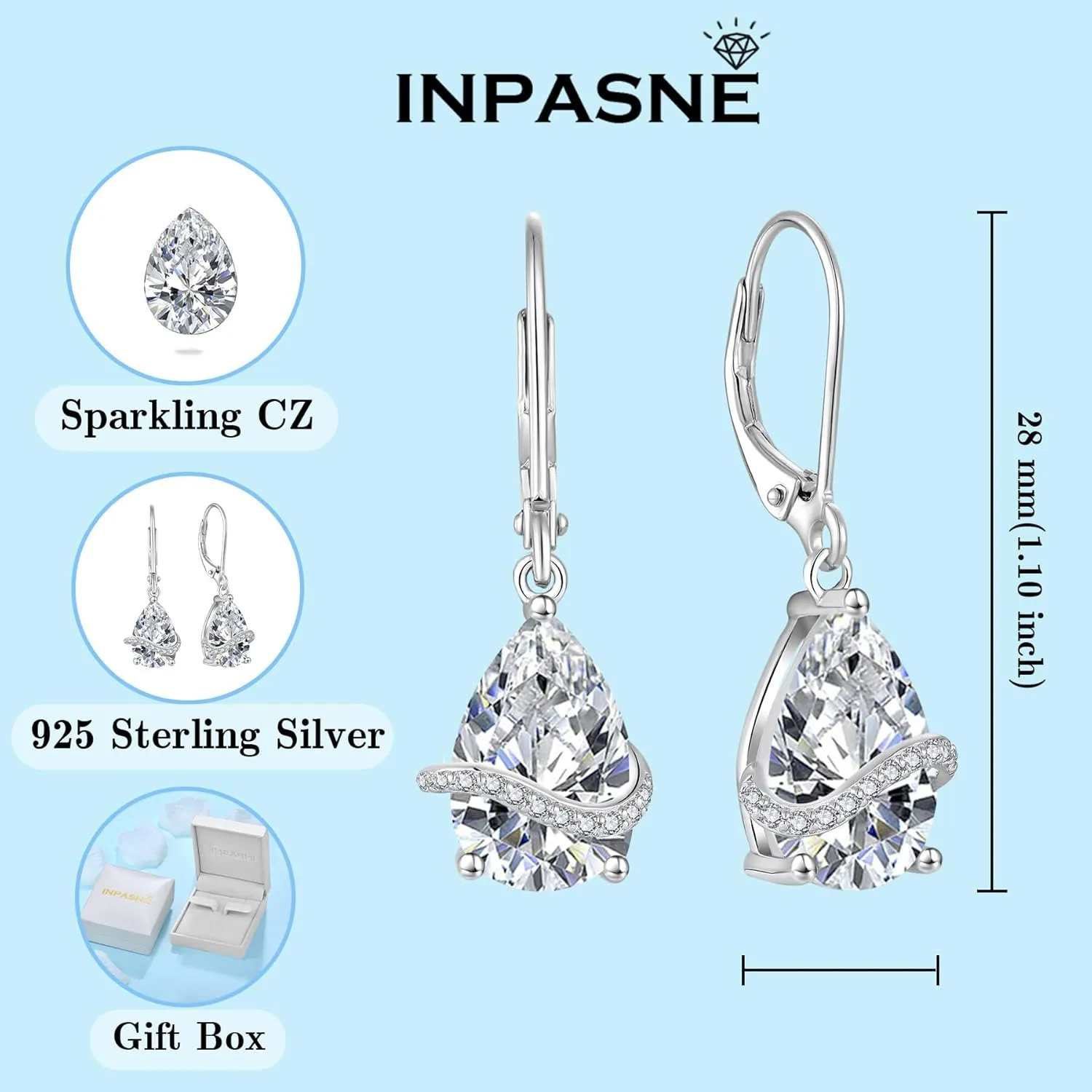 Teardrop Dangle Drop Earrings for Women 925 Sterling Silver Leverback Earrings Birthstone Jewelry Gifts for Her