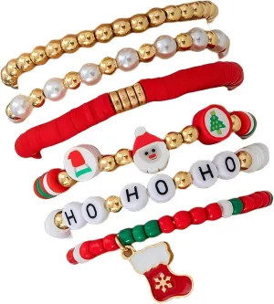 tenghong2021 Christmas Beaded Stretch Bracelets for Women Adjustable Heishi Surfer Clay Bead Stackable Bracelet Set Polymer Clay Disc Beads Adjustable Bracelets for Women Christmas Friendship Jewelry